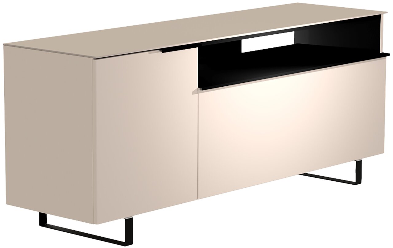 Modern tv-lowboard in beige met zwart onderstel, zijaanzicht
