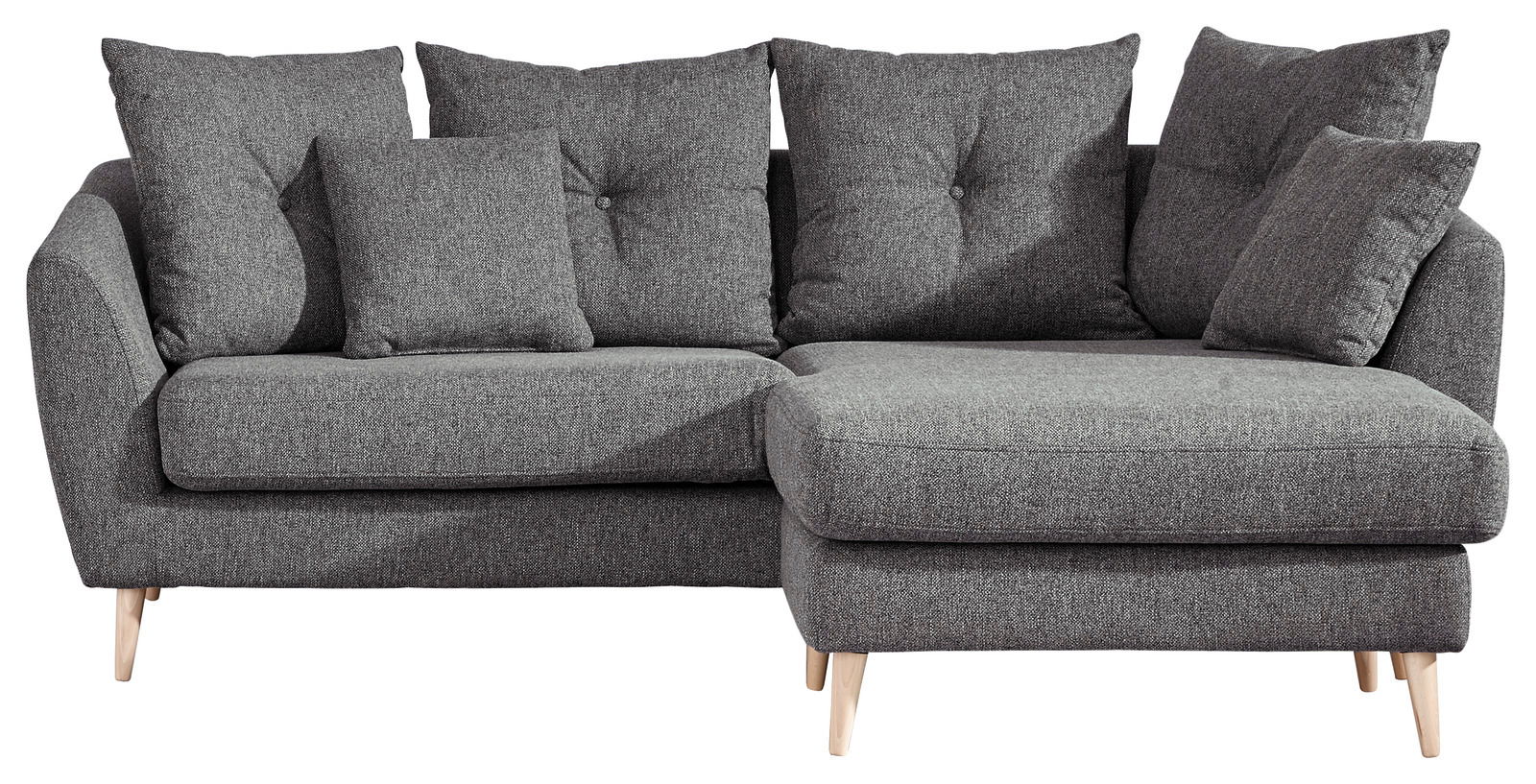 Graues Ecksofa mit Holzfüßen, Ansicht von vorne