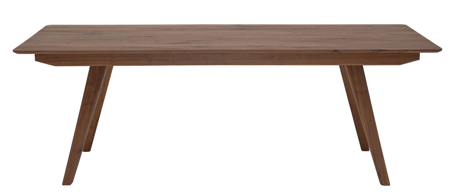 Rechthoekige houten eettafel met warmbruine houtnerf en schuin geplaatste poten, frontaal zijaanzicht op witte achtergrond