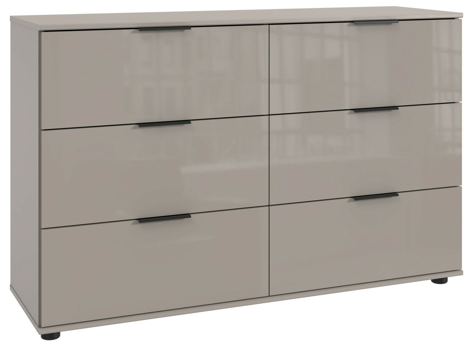 Moderne Kommode mit sechs Schubladen in Hochglanzoptik, frontal abgebildet.