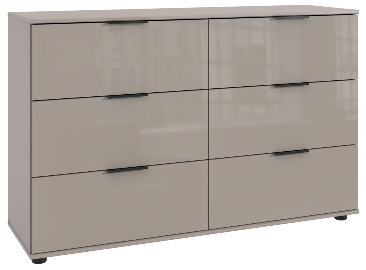 Moderne Kommode mit sechs Schubladen in Hochglanzoptik, frontal abgebildet.