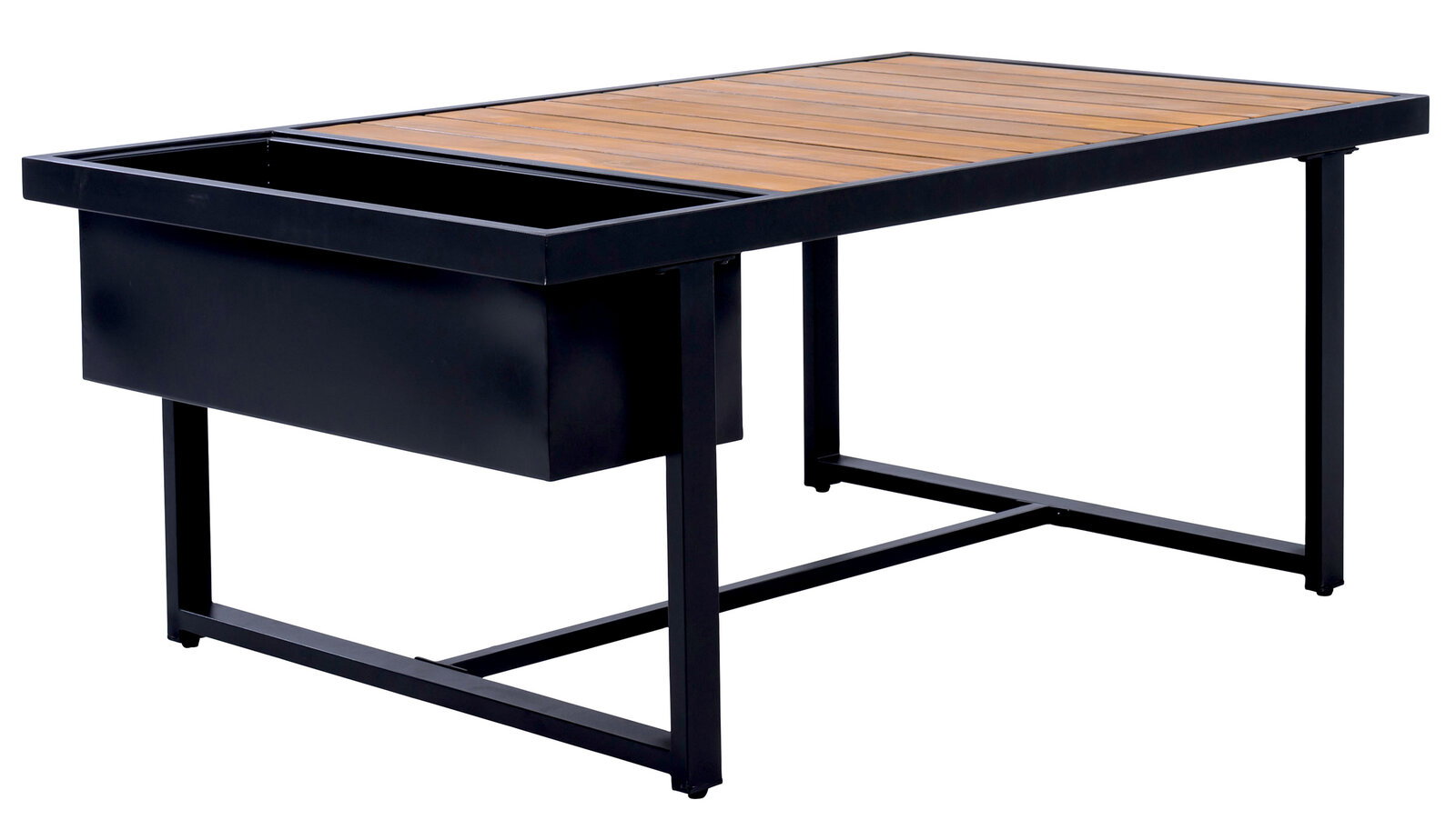 Ambia Garden Lounge-Tisch SQUARE Moderner Lounge-Tisch mit schwarzem Metallrahmen und Holzlattenoberfläche, seitliche Perspektive