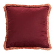 Rotes Kissen mit Fransen, Vorderansicht