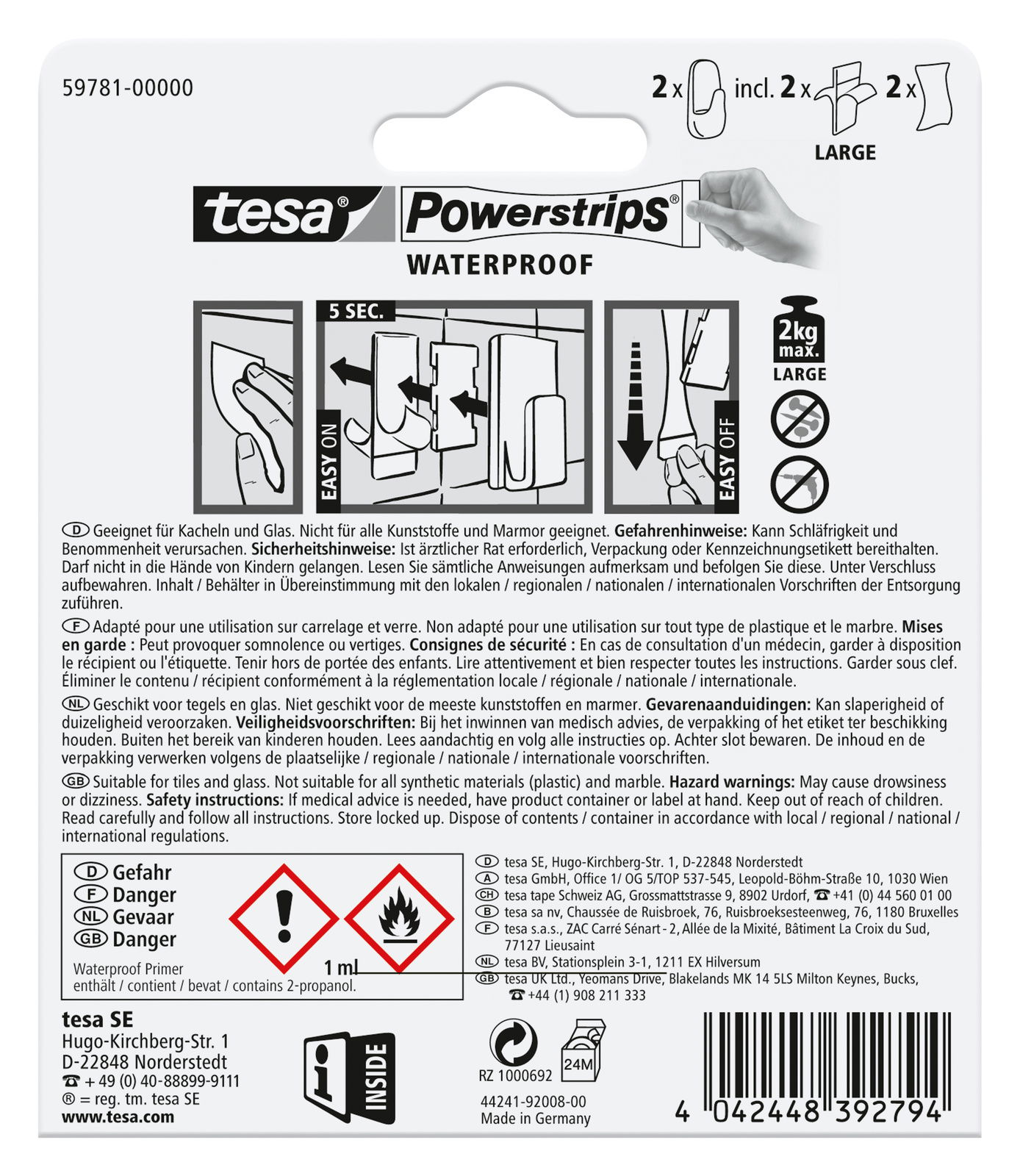 Rückseite der Verpackung von tesa Powerstrips Waterproof, zeigt Anwendungsschritte und Sicherheitsinformationen.