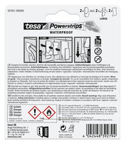 Rückseite der Verpackung von tesa Powerstrips Waterproof, zeigt Anwendungsschritte und Sicherheitsinformationen.