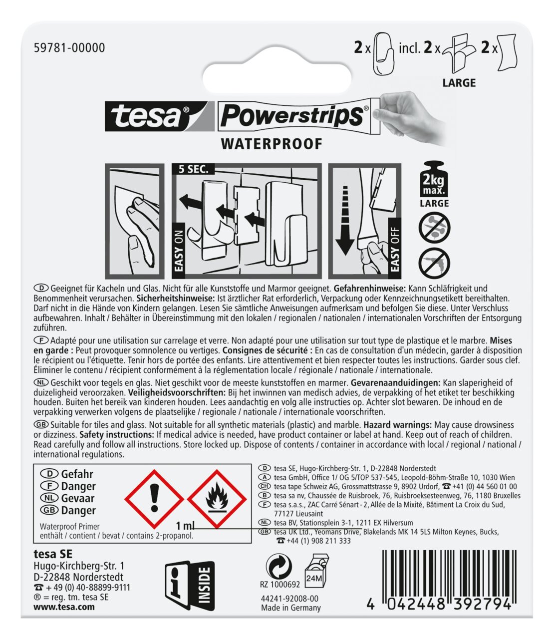 Rückseite der Verpackung von tesa Powerstrips Waterproof, zeigt Anwendungsschritte und Sicherheitsinformationen.