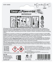 Rückseite der Verpackung von tesa Powerstrips Waterproof, zeigt Anwendungsschritte und Sicherheitsinformationen.