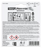 Rückseite der Verpackung von tesa Powerstrips Waterproof, zeigt Anwendungsschritte und Sicherheitsinformationen.