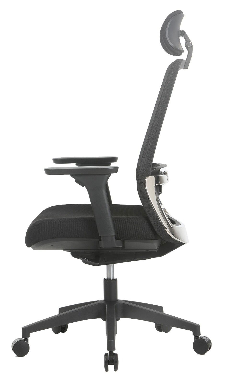 Moderner schwarzer Drehstuhl mit Armlehnen und Kopfstütze, Seitenansicht