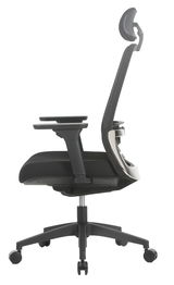 Moderner schwarzer Drehstuhl mit Armlehnen und Kopfstütze, Seitenansicht