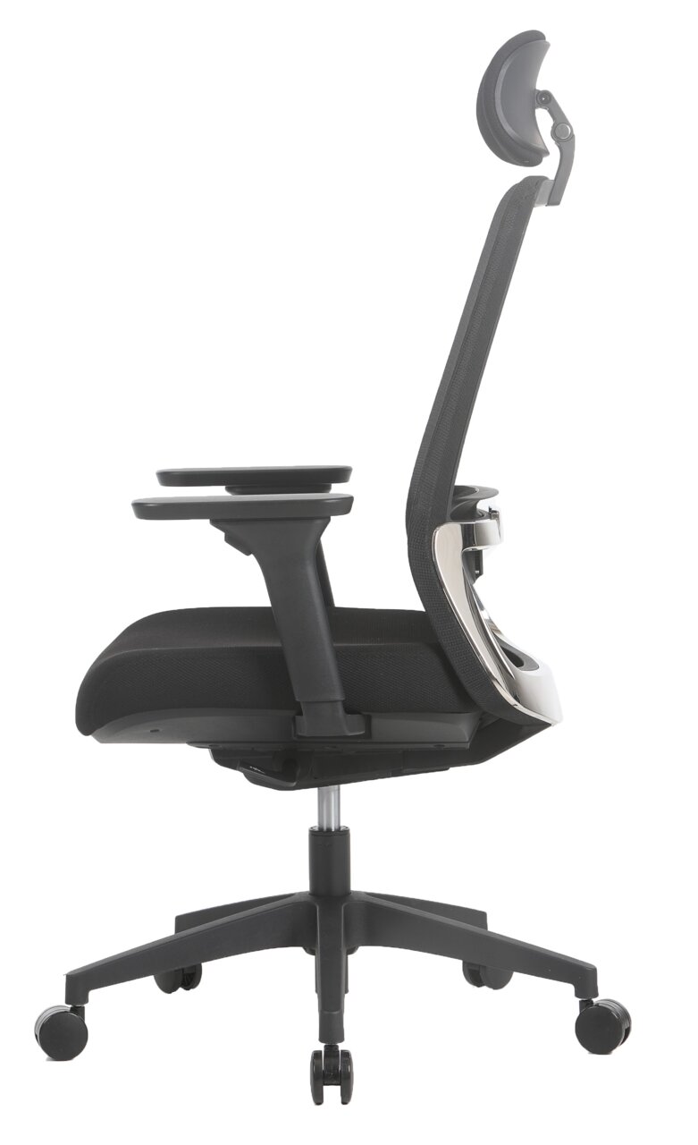 Moderner schwarzer Drehstuhl mit Armlehnen und Kopfstütze, Seitenansicht