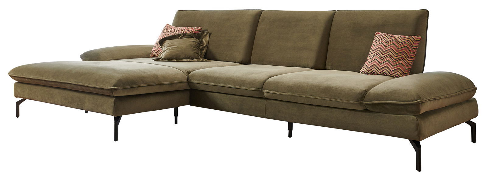 Grünes Longchair-Sofa mit Kissen, seitliche Perspektive