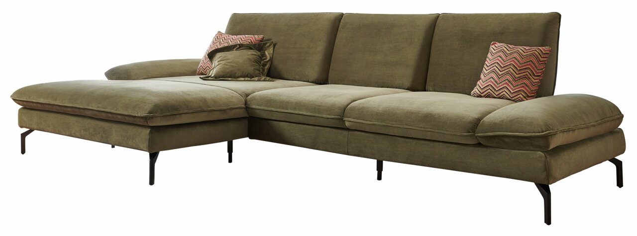 Grünes Longchair-Sofa mit Kissen, seitliche Perspektive