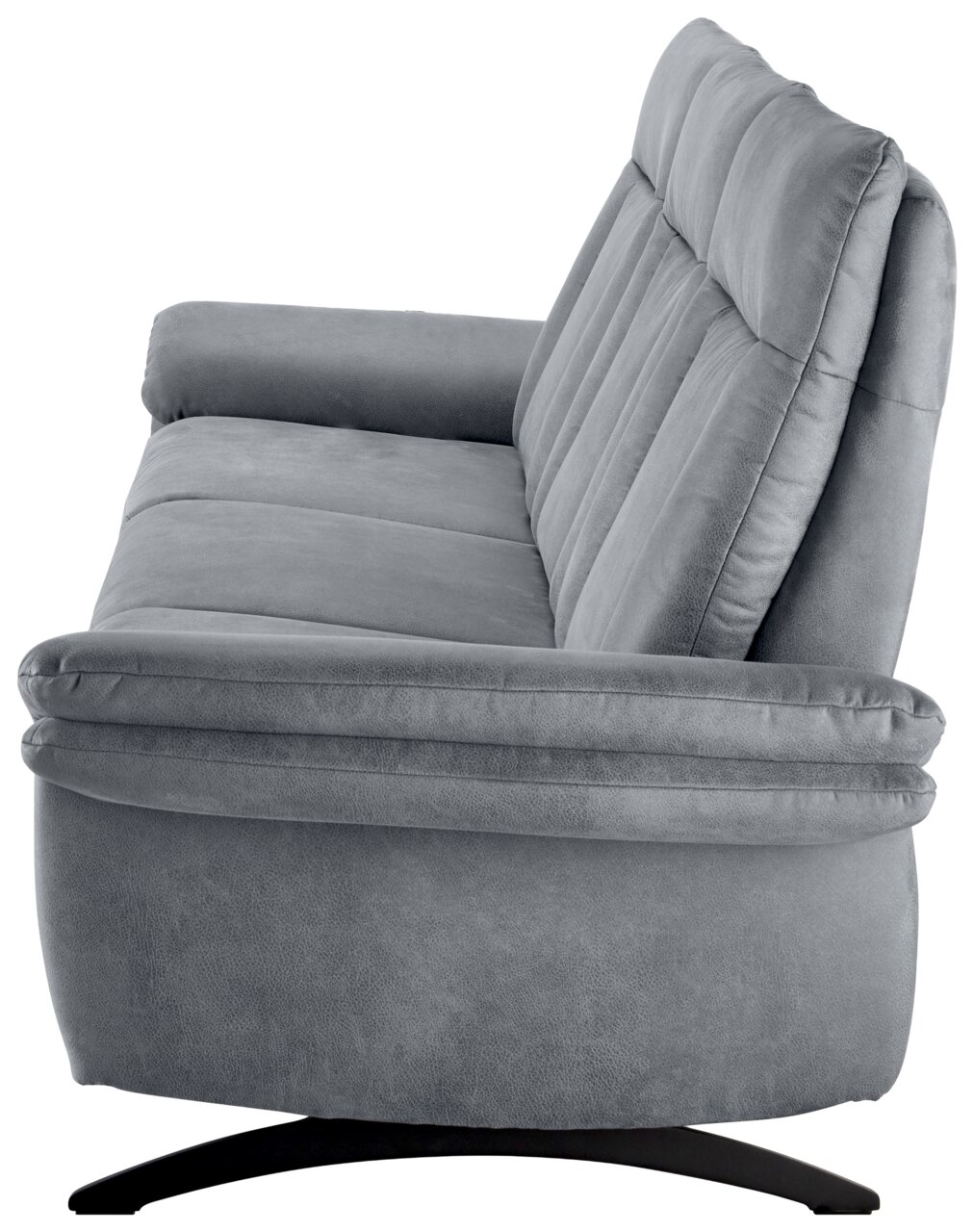 Graues Sofa in Seitenansicht mit gepolsterten Armlehnen und Rückenlehne.