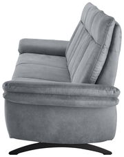 Graues Sofa in Seitenansicht mit gepolsterten Armlehnen und Rückenlehne.