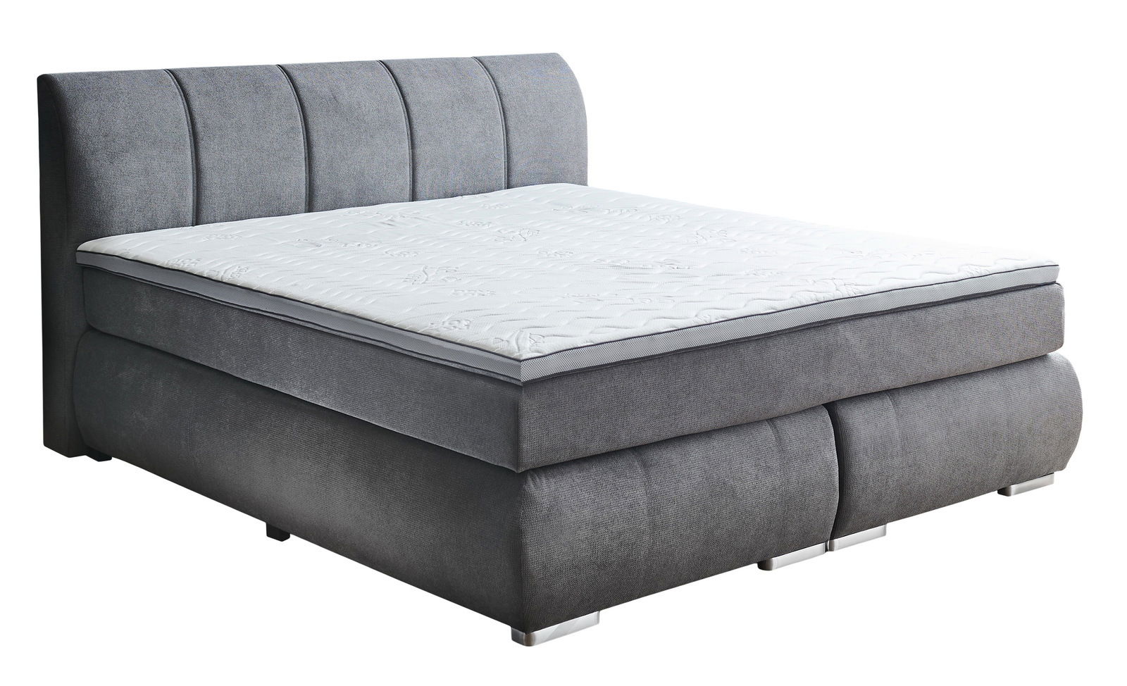 Graues Boxspringbett mit gestepptem Kopfteil, seitliche Perspektive