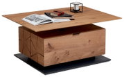 Moderner Couchtisch aus Holz mit aufklappbarer Tischplatte, dekoriert mit Büchern und einer Kerze, seitliche Perspektive