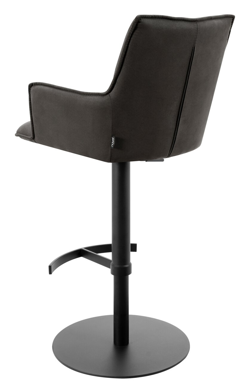 Rückansicht eines modernen Barhockers mit schwarzem Metallgestell und gepolsterter Rückenlehne.