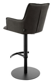 Rückansicht eines modernen Barhockers mit schwarzem Metallgestell und gepolsterter Rückenlehne.
