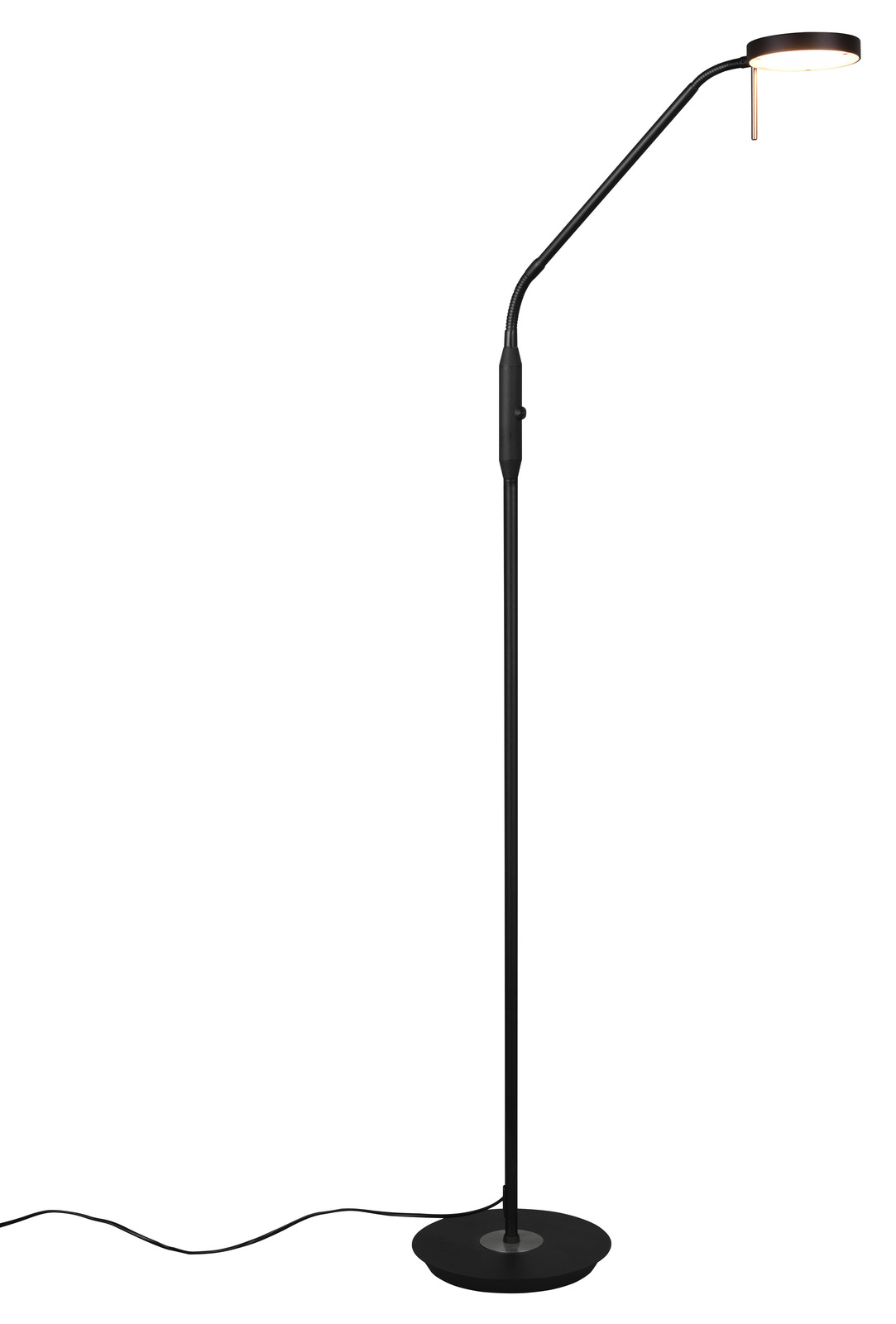 Stehleuchte mit schlankem, schwarzem Design und rundem LED-Lampenkopf, seitliche Perspektive