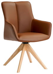 Brauner Armlehnstuhl mit Holzbeinen, seitliche Perspektive