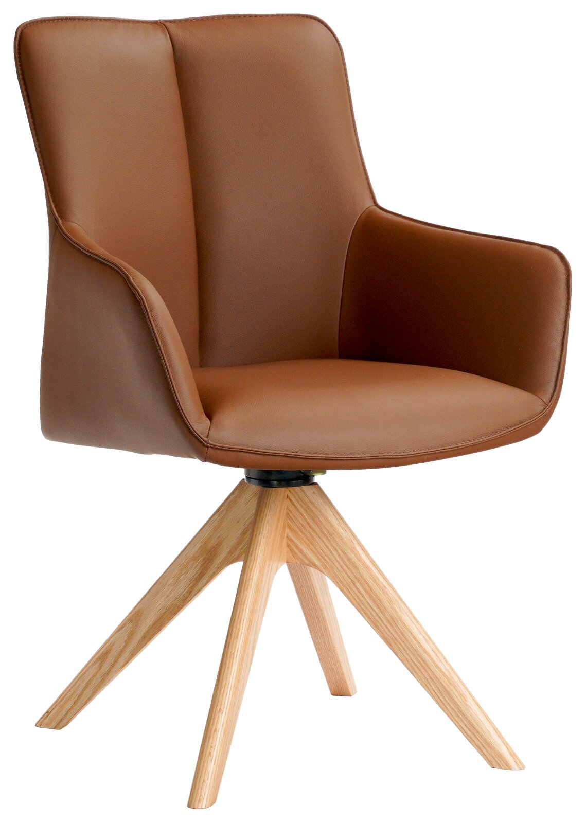 Brauner Armlehnstuhl mit Holzbeinen, seitliche Perspektive