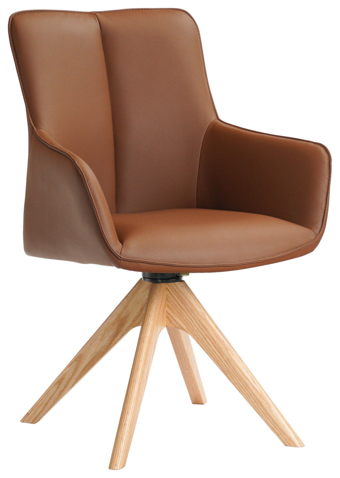 Brauner Armlehnstuhl mit Holzbeinen, seitliche Perspektive