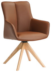 Brauner Armlehnstuhl mit Holzbeinen, seitliche Perspektive