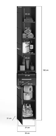 Schwarzer Hochschrank mit mehreren Fächern und Schubladen, gefüllt mit Handtüchern, Toilettenpapier und Pflegeprodukten, aus der Frontalperspektive.