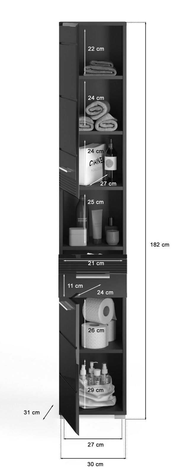 Schwarzer Hochschrank mit mehreren Fächern und Schubladen, gefüllt mit Handtüchern, Toilettenpapier und Pflegeprodukten, aus der Frontalperspektive.
