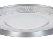 Nahaufnahme einer runden LED-Deckenleuchte mit silbernem Rand und strukturiertem Glasdesign.