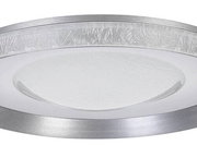 Nahaufnahme einer runden LED-Deckenleuchte mit silbernem Rand und strukturiertem Glasdesign.