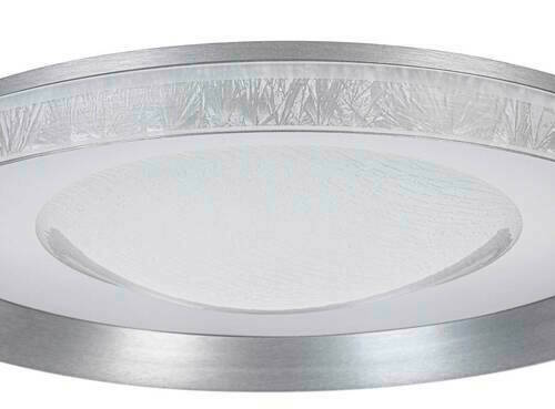 Nahaufnahme einer runden LED-Deckenleuchte mit silbernem Rand und strukturiertem Glasdesign.