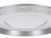 Close-up van een ronde led-plafondlamp met een zilveren rand en een gestructureerd glasontwerp.