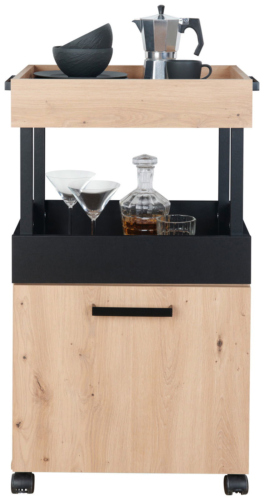 Moderner Bar-Servierwagen aus Holz mit schwarzem Akzent, ausgestattet mit Gläsern, Karaffe und Kaffeekanne, frontal betrachtet.