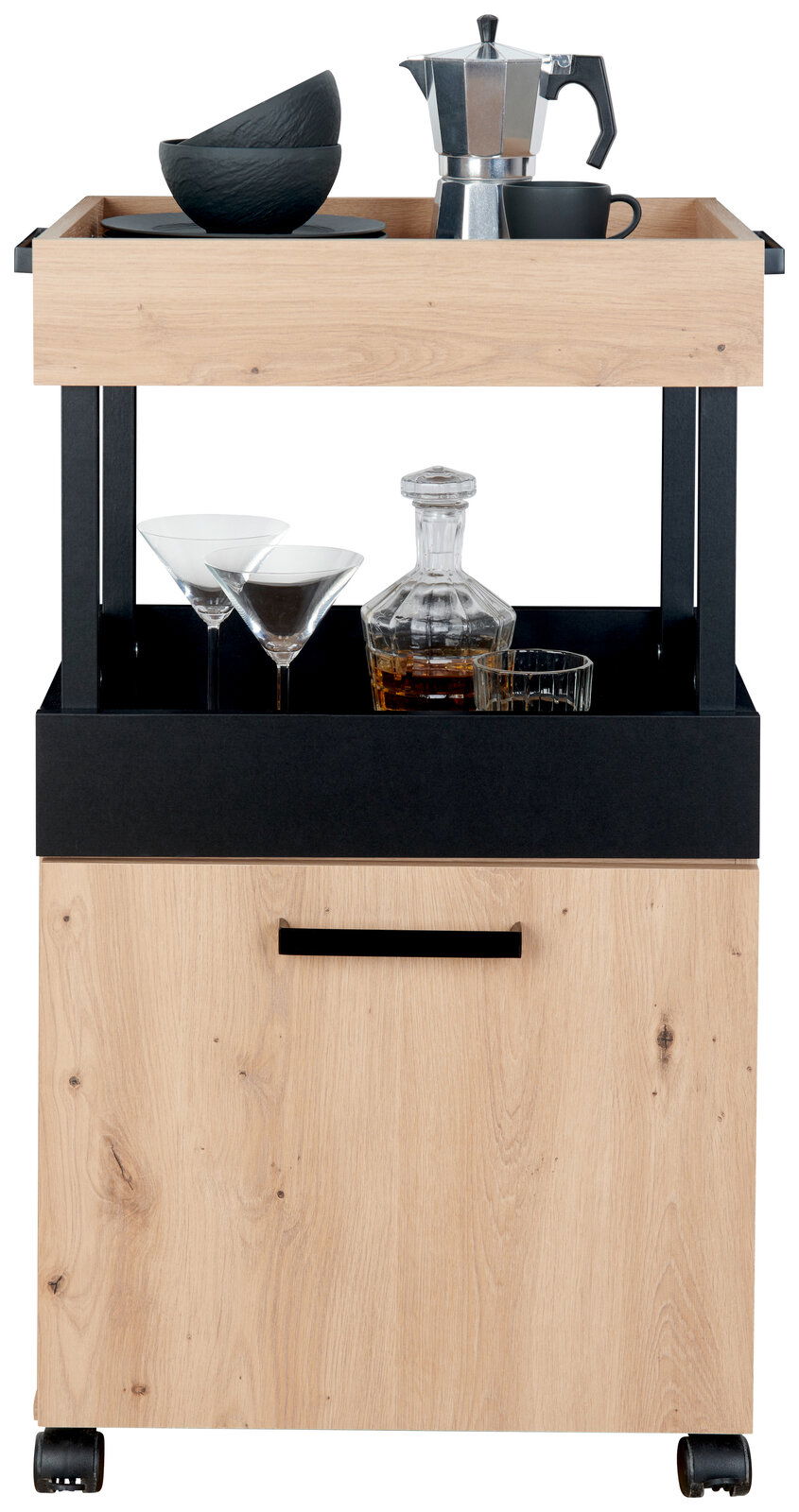 Moderner Bar-Servierwagen aus Holz mit schwarzem Akzent, ausgestattet mit Gläsern, Karaffe und Kaffeekanne, frontal betrachtet.