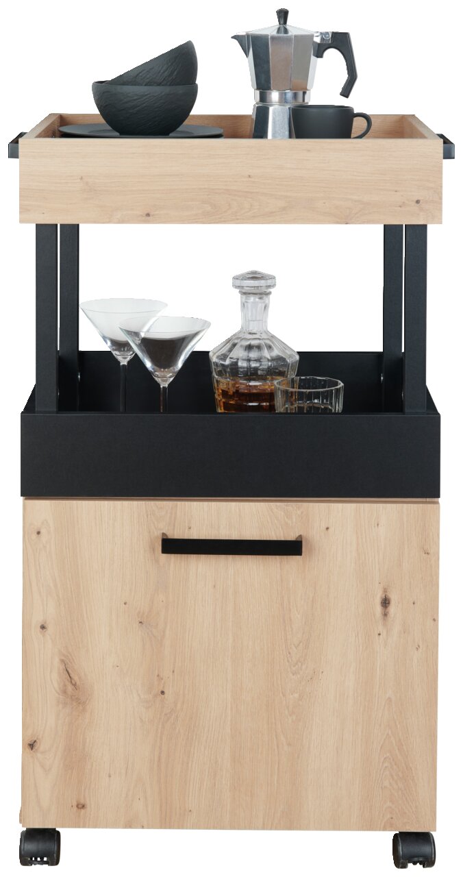 Moderner Bar-Servierwagen aus Holz mit schwarzem Akzent, ausgestattet mit Gläsern, Karaffe und Kaffeekanne, frontal betrachtet.