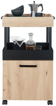 Moderner Bar-Servierwagen aus Holz mit schwarzem Akzent, ausgestattet mit Gläsern, Karaffe und Kaffeekanne, frontal betrachtet.