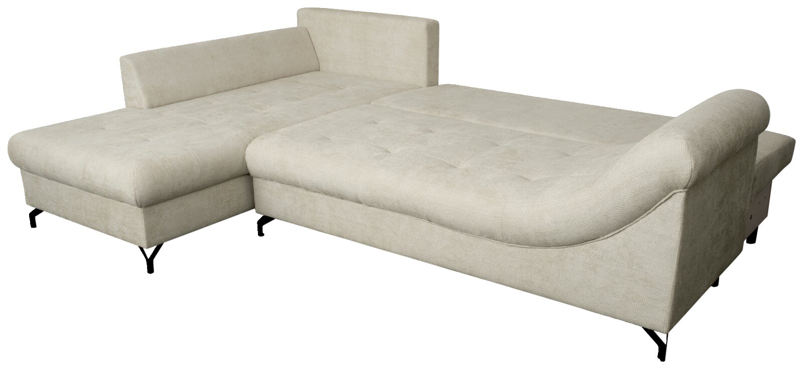 Beige Ecksofa mit Ottomane links, Ansicht von schräg vorne.