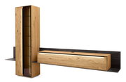 Moderne Wandkombination aus Holz mit vertikalem Schrank und horizontalem Regal, seitliche Perspektive