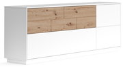 Modernes Sideboard in Weiß mit Holzoptik-Elementen, seitliche Perspektive
