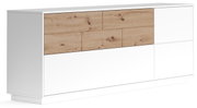 Modernes Sideboard in Weiß mit Holzoptik-Elementen, seitliche Perspektive