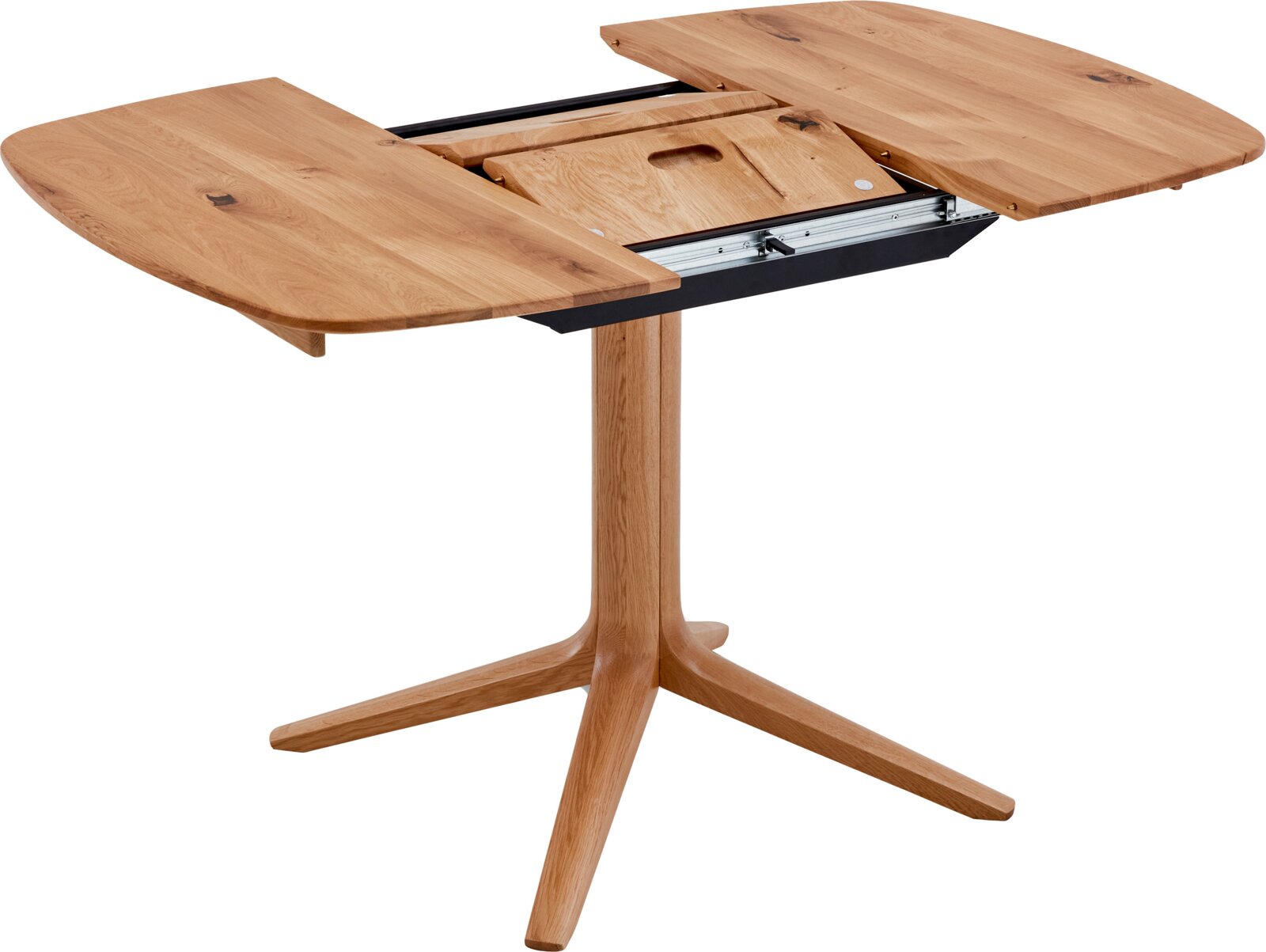 Uitschuifbare eettafel van licht hout met een middenpoot en uitklapbare verlengplaten, weergegeven in perspectief vanuit een licht bovenaanzicht van voren