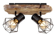 Deckenstrahler mit zwei schwarzen, geometrischen Lampenschirmen und einer rustikalen Holzhalterung, Perspektive von unten.