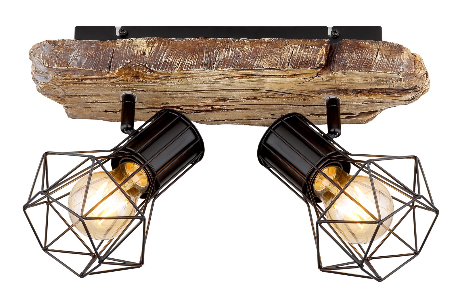 Deckenstrahler mit zwei schwarzen, geometrischen Lampenschirmen und einer rustikalen Holzhalterung, Perspektive von unten.