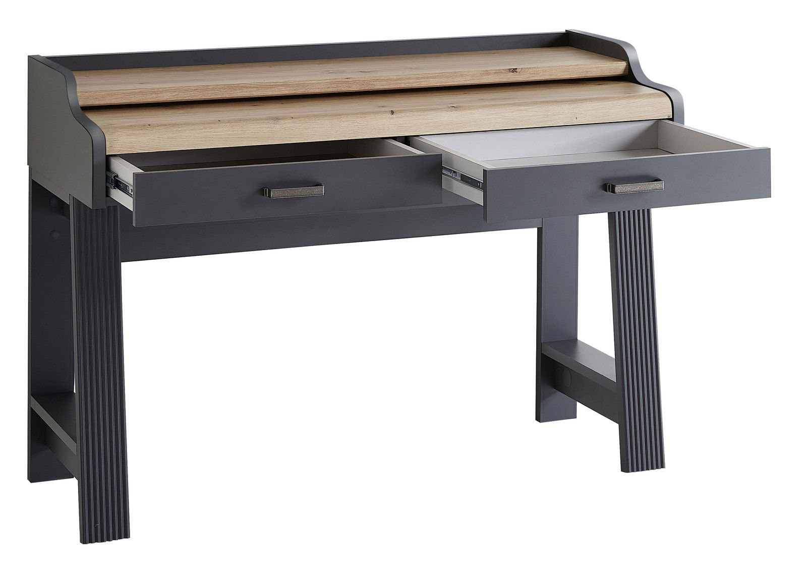 Moderner Sekretär mit zwei offenen Schubladen, grauer Korpus und helle Holzoberfläche, seitliche Perspektive.