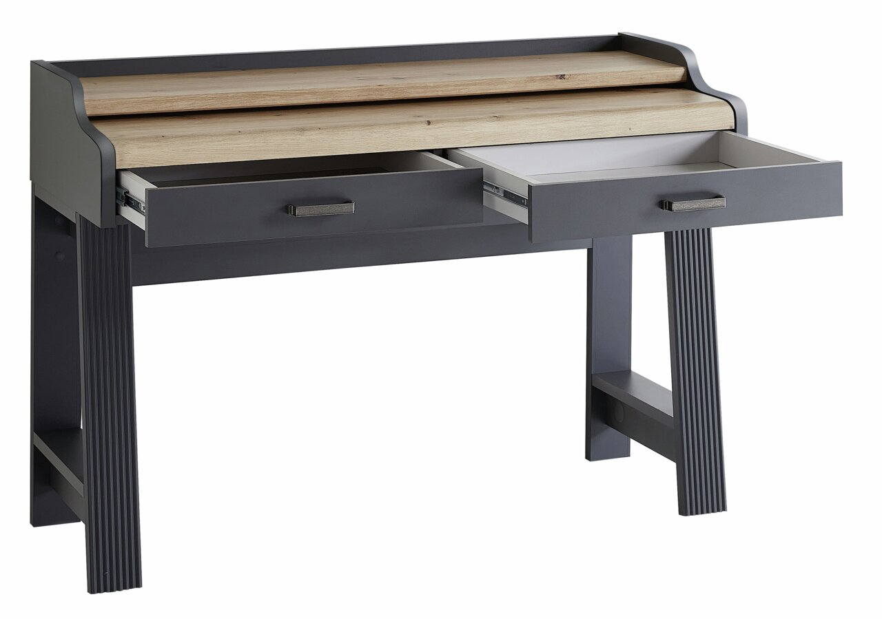 Moderne secretaire met twee open laden, grijze romp en lichtgekleurd houten oppervlak, zijaanzicht.