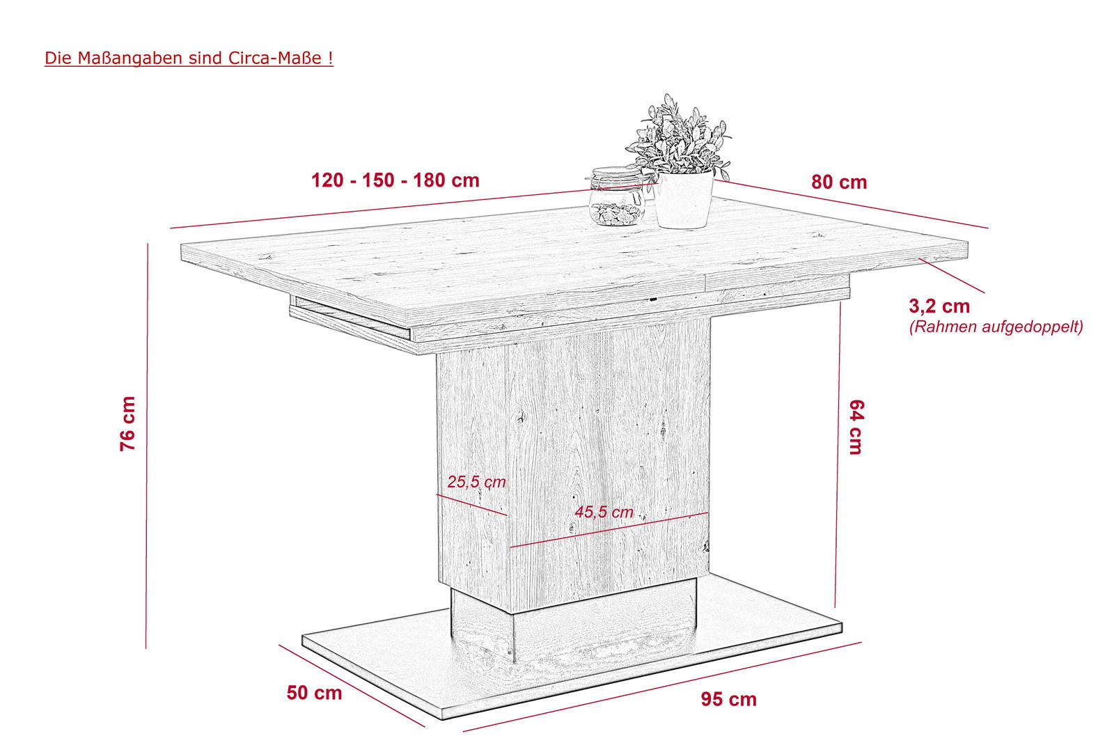Moderner Esstisch mit rechteckiger Tischplatte, ausziehbar von 120 bis 180 cm, mit zentralem Standfuß. Perspektive von schräg vorne.