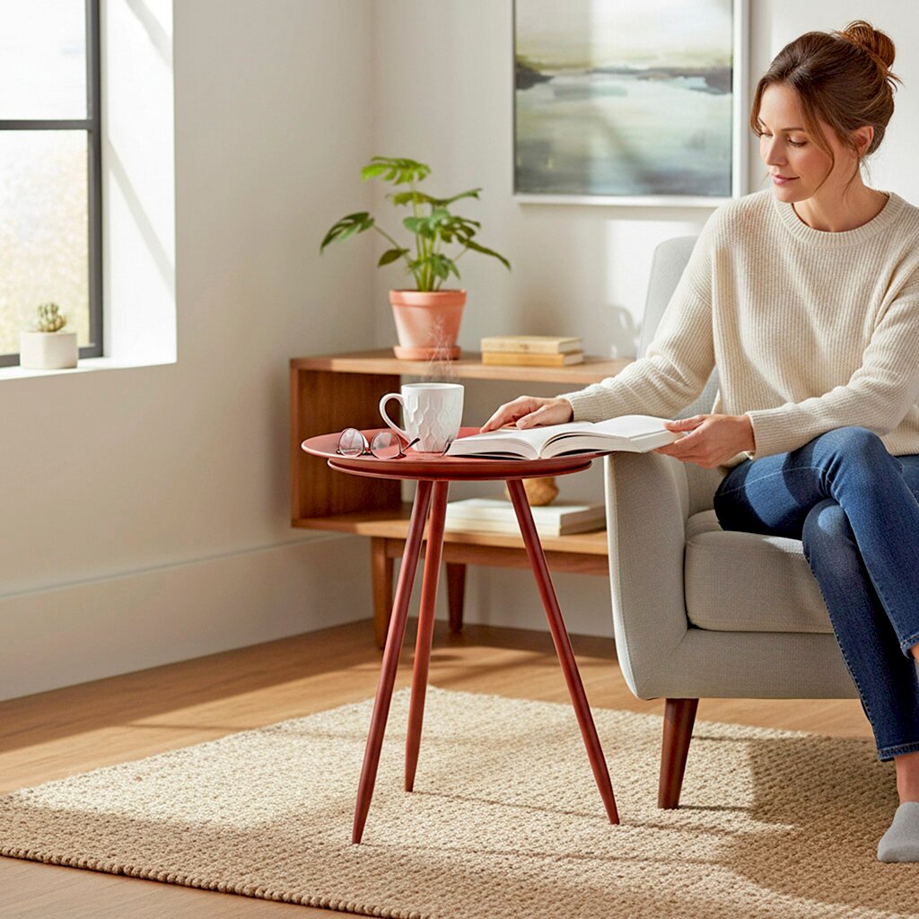Ronde rode bijzettafel met drie schuine poten naast een fauteuil, met daarop een kopje, een bril en een open boek; zijaanzicht in de lichte woonkamer