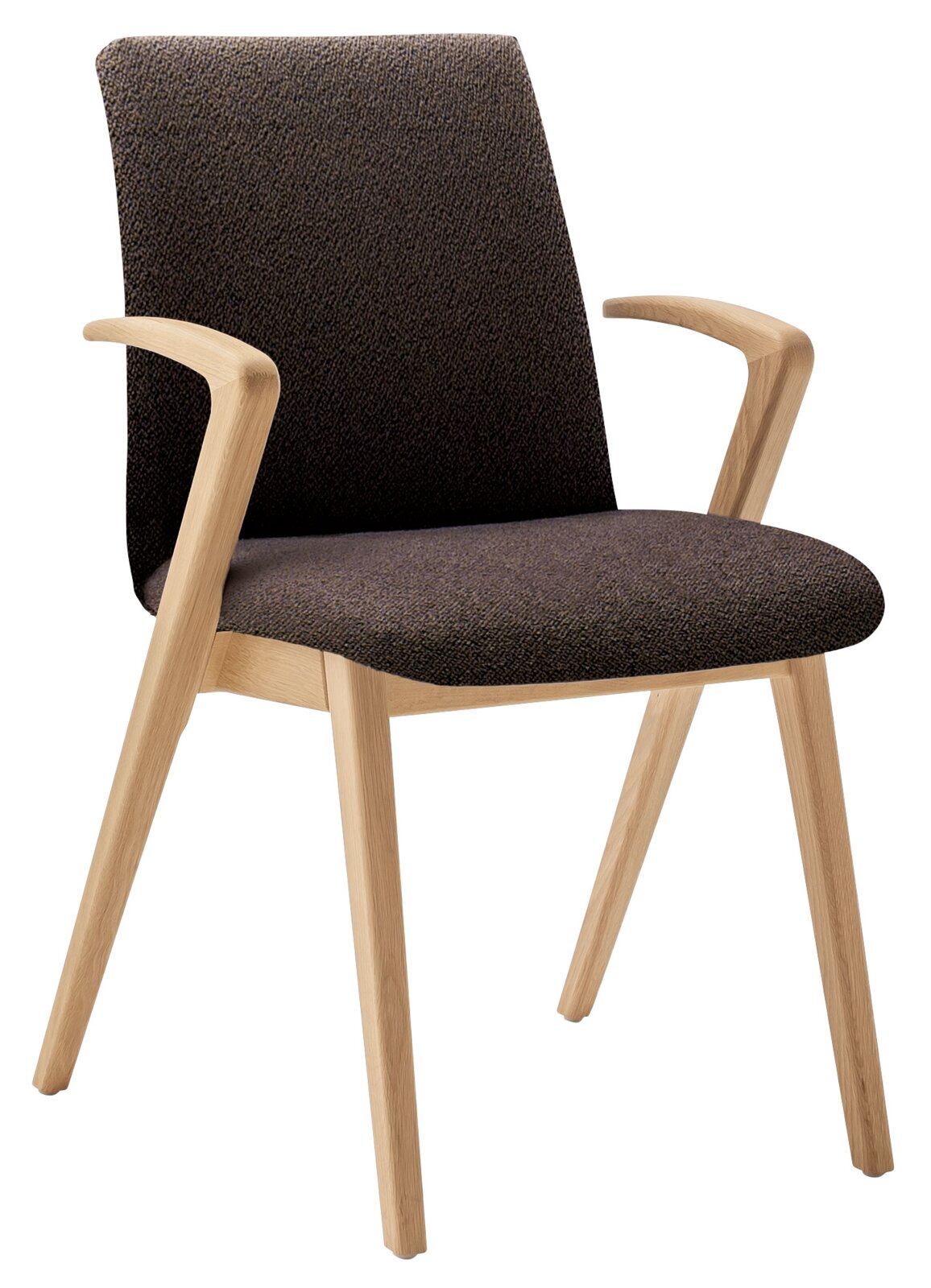 Moderne fauteuil met houten frame en gestoffeerde zitting, gezien vanuit de zijkant